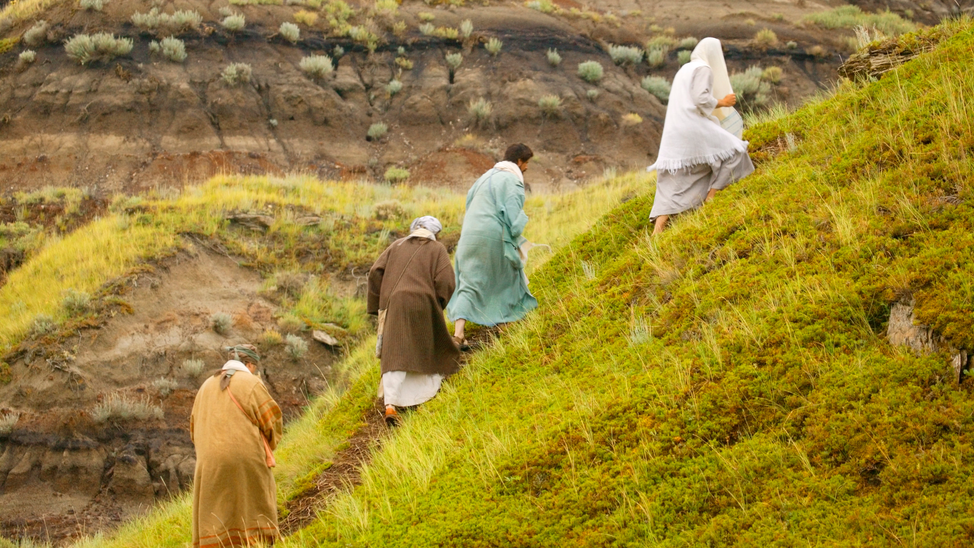 Disciples following on a hillside